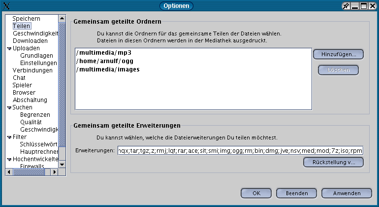 Einstellung der geteilten Ordner