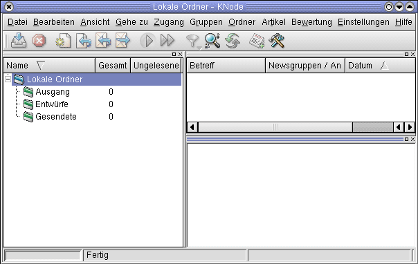So präsentiert sich KNode bei der ersten Verwendung