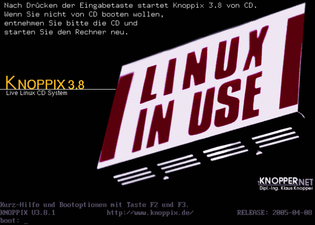 Der Knoppix Startbildschirm