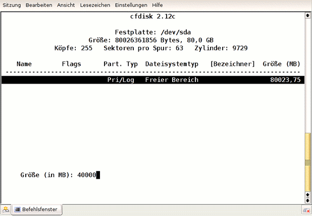 Erstellen einer prim&auml;ren Partition mit 40 Gigabyte