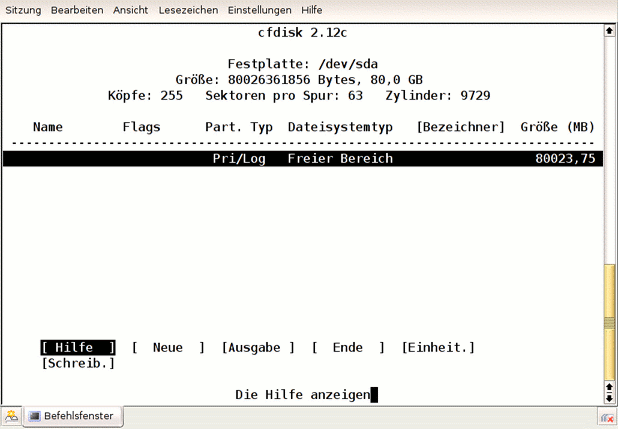 cfdisk mit leerer Festplatte