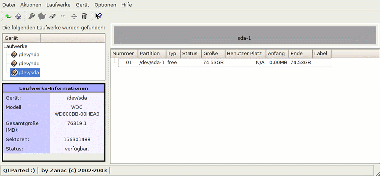 qtparted mit leerer Festplatte